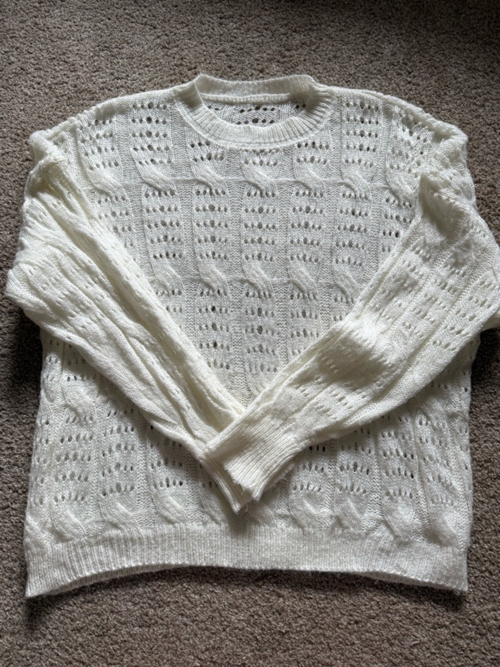 Women’s Cream Open-Knit Crewneck Sweater (L?) - see description